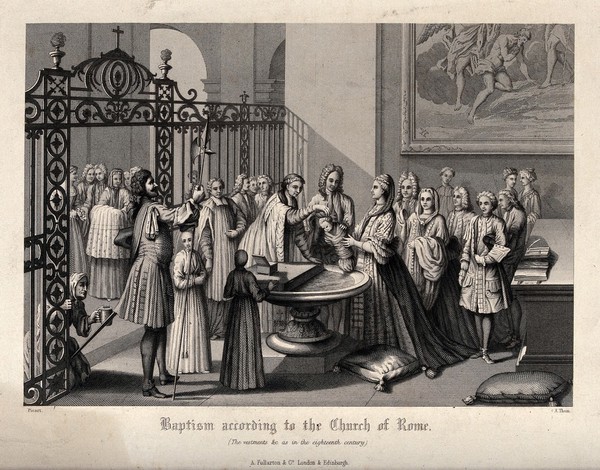 A baptism according to the Roman Catholic rite. Engraving by A. Thom after B. Picart.