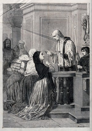 view A Catholic communion. Wood engraving by H. Linton after E.-G. Bocourt.