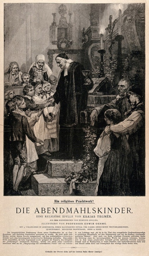 A Swedish vicar showing the chalice to the children. Engraving after E. Oehme.