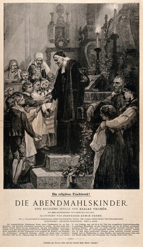 A Swedish clergyman showing the chalice to children at their first communion. Wood engraving after E. Oehme, 1881.