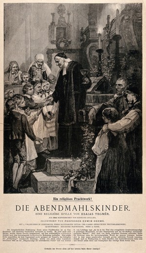 view A Swedish clergyman showing the chalice to children at their first communion. Wood engraving after E. Oehme, 1881.