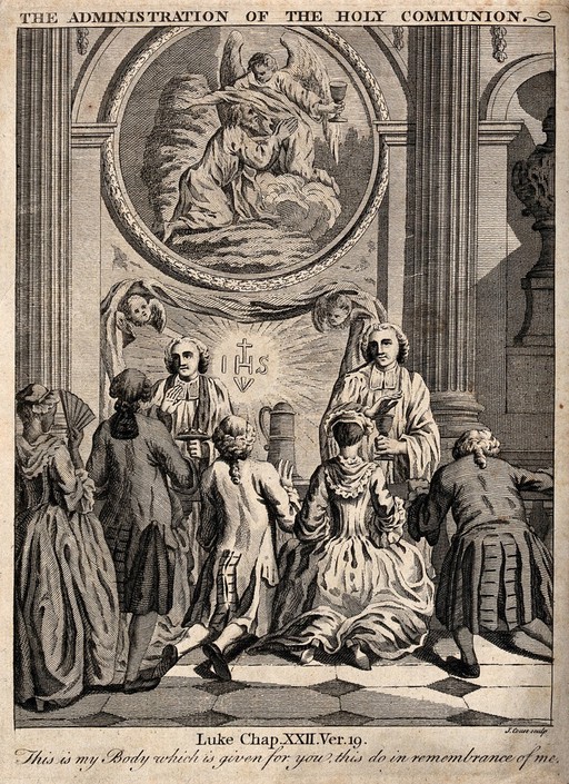 A celebration of the Holy Communion. Etching by J. Couse.