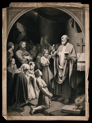 Christians in the catacombs celebrate the communion, threatened by Roman soldiers who are descending the stairs behind them. Lithograph after A. Leloir.