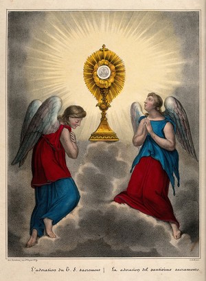 view Angels venerating a monstrance. Coloured lithograph, 1842.