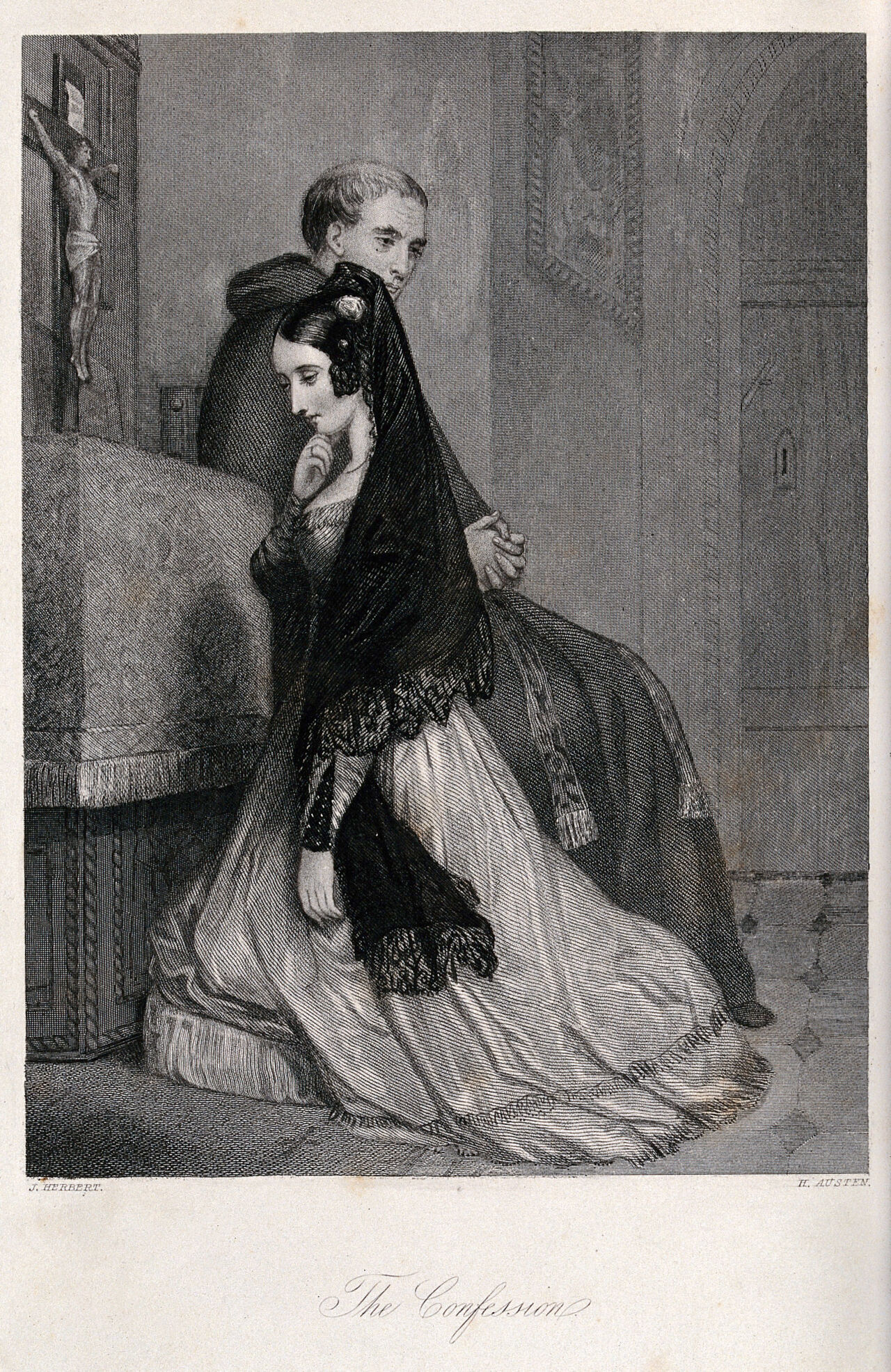 A woman confessing to a priest. Engraving by H. Austen after J. Herbert., 1800-1899, by John Rogers Herbert