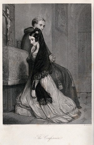 view A woman confessing to a priest. Engraving by H. Austen after J. Herbert.