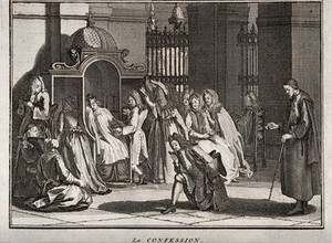 view The sacrament of the Roman Catholic church: confession (penance). Etching by B. Picart.