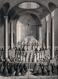 view A church service in the Armenian Orthodox Church. Engraving by T. Brown after B. Picart.