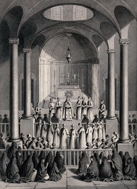 A church service in the Armenian Orthodox Church. Engraving by T. Brown after B. Picart.