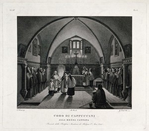 view Capuchins in a crypt celebrating the sung mass. Etching by G. Dall'Olio after M. Orsi after V. Chialli, ca. 1840.