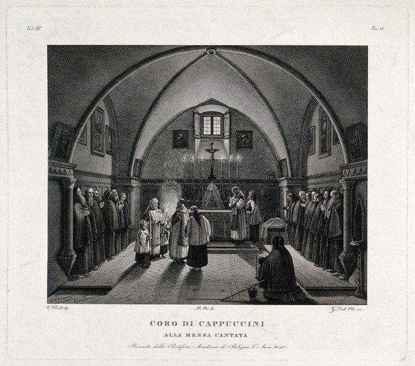 Capuchins in a crypt celebrating the sung mass. Etching by G. Dall'Olio after M. Orsi after V. Chialli, ca. 1840.