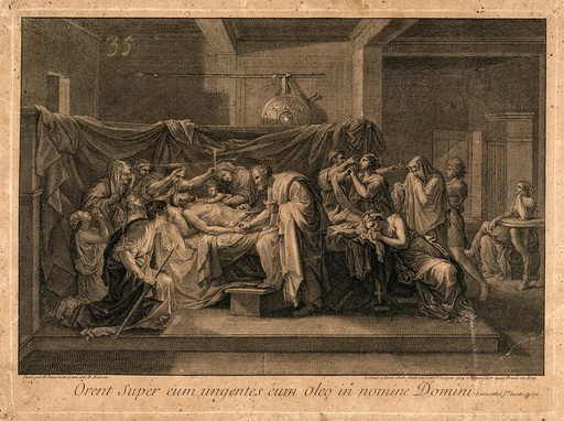 A Christian Roman soldier receiving the Extreme Unction. Engraving by B. Audran after N. Poussin, 1644-48.