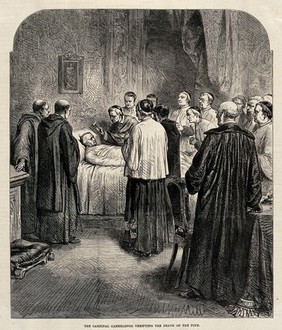 Cardinal Pecci, the Camerlengo, verifying the death of Pope Pius IX. Wood engraving, 1878.