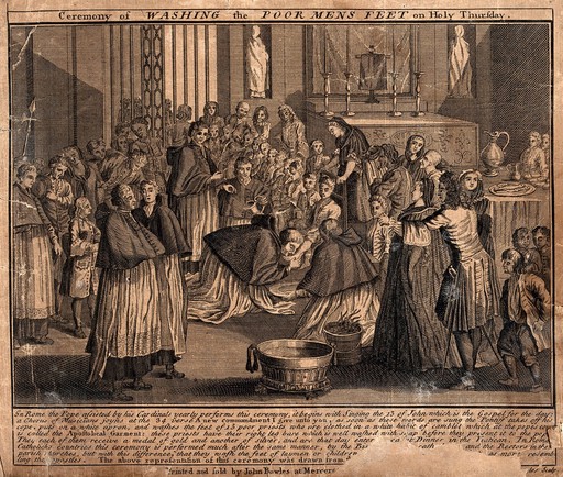 The washing of the poor men's feet by the Pope on Holy Thursday. Etching.