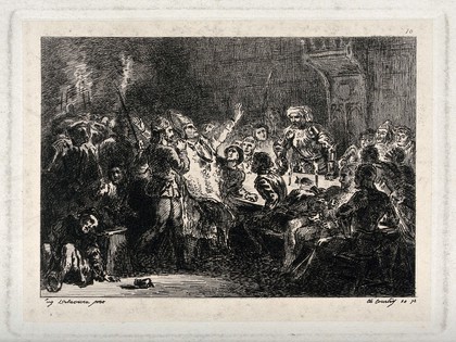 The assassination of Louis de Bourbon, prince bishop of Liège. Etching by C. Courtry, 1872, after E. Delacroix, 1829.