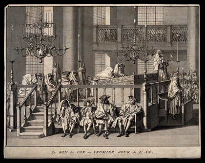 Sounding the horn at the Jewish new year service. Engraving with etching by B. Picart, ca. 1733.