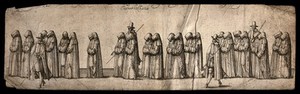 view A procession of men entirely covered by their hoods and long robes, attended by armed men. Engraving.