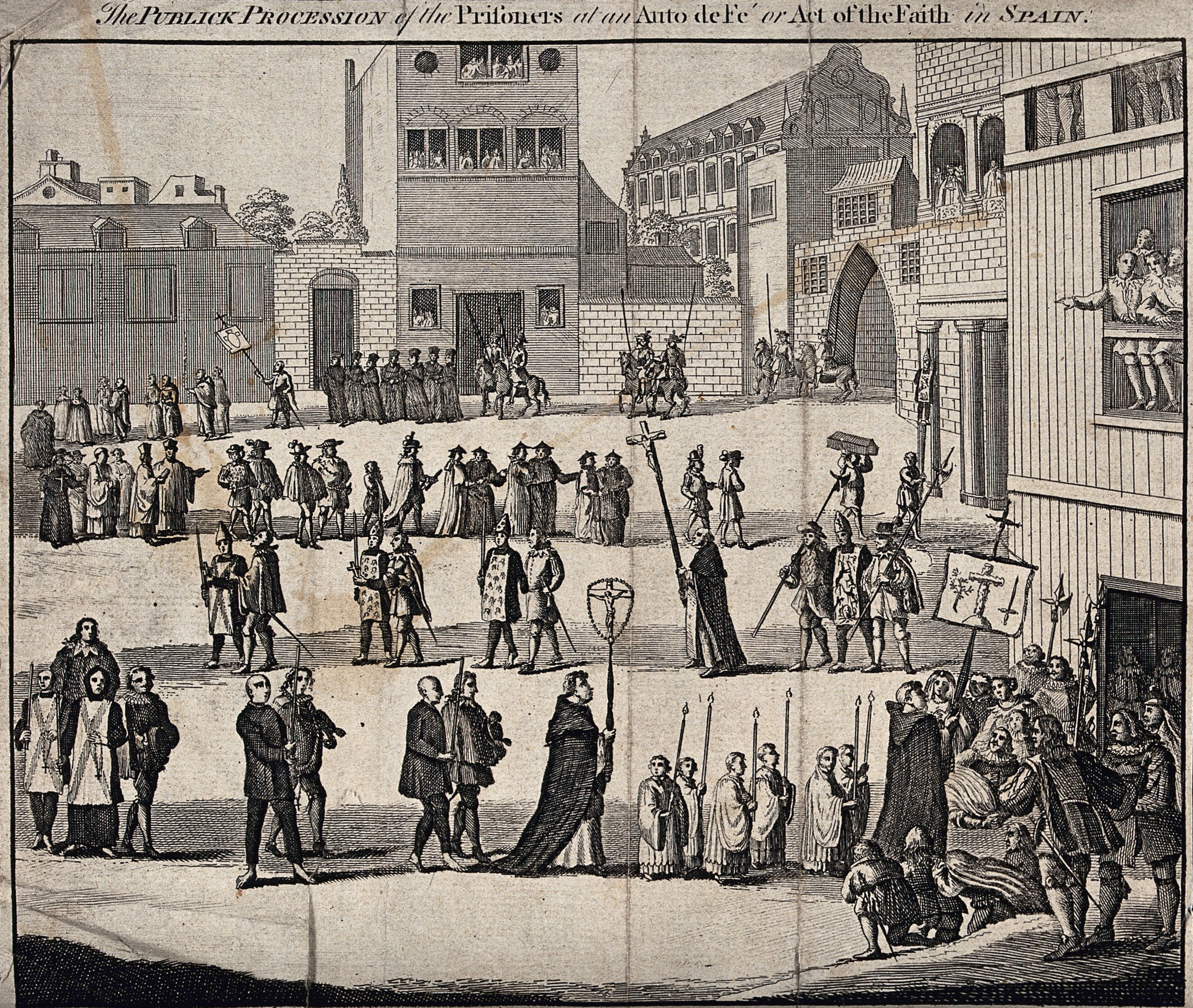 An auto-da-fé in Spain: the accused are led in procession by the Inquisitors to their trial. Engraving, 1749.