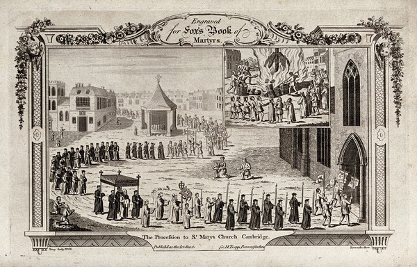 A procession to St. Mary's Church, Cambridge, and the burning of Protestant books in Cambridge marketplace. Etching by G. Terry.