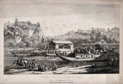 Pope Pius VII on the Saône near Lyon. Etching.