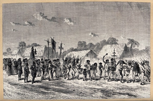 A procession, probably in Peru. Wood engraving.