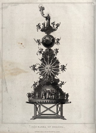 The car of the procession of the Assumption of the Virgin Mary in Messina. Aquatint by W. Daniell, 1823.