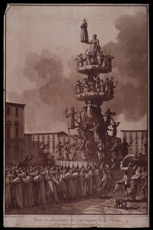 view The standard of the procession of the Assumption of the Virgin Mary in Messina during a procession. Aquatint by J. Hoüel.