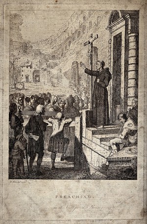 view A monk preaching in the Colosseum in Rome. Etching by D. Allan.
