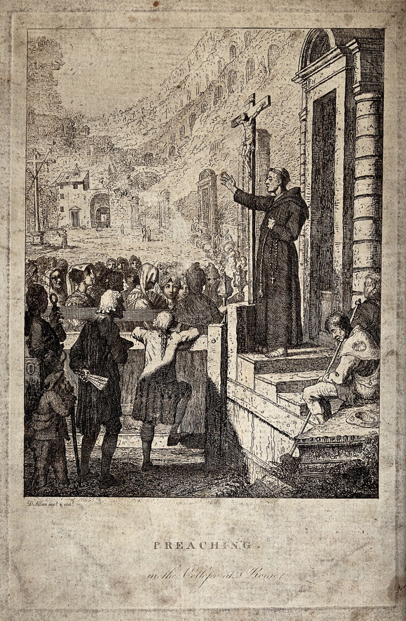 A monk preaching in the Colosseum in Rome. Etching by D. Allan., by David Allan