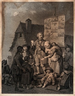 view A man narrating his experiences in public, while his wife hands out leaflets. Etching.