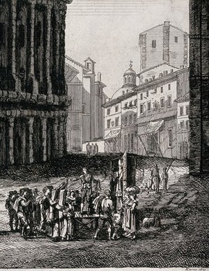 view A lay preacher with a wax (?) image of a bishop, addresses a crowd in the streets of Rome. Etching, 1824.