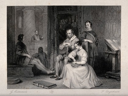 Members of a family listen to a sermon from a private space in a church. Etching by F. Engleheart after G. Cattermole.