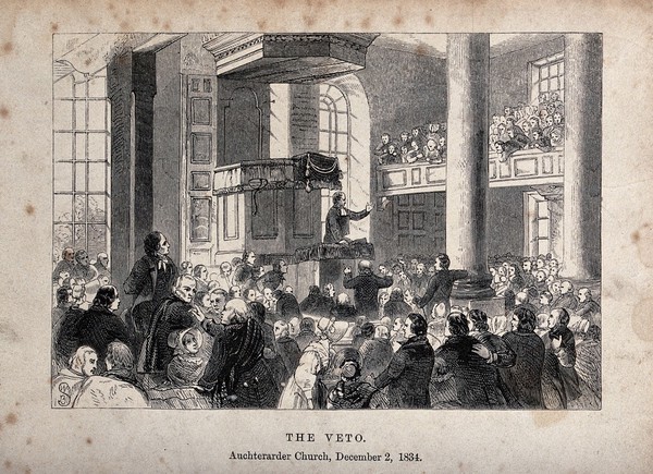 A vicar gives a sermon in a crowded church. Wood engraving.