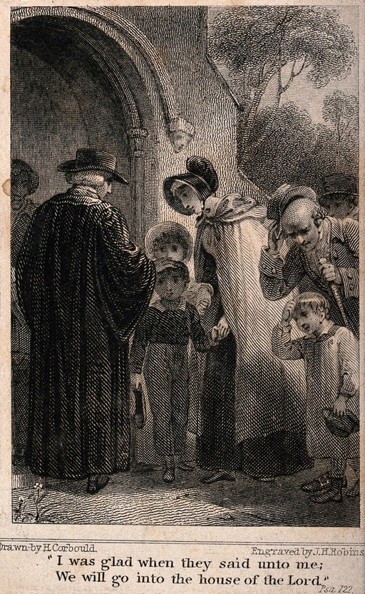 Children being blessed by the vicar at the entrance to a church. Etching by J.H. Robinson after H. Corbould.