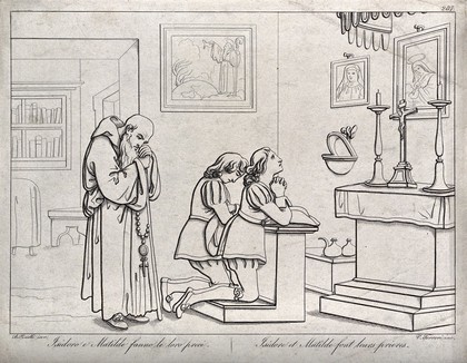 Two young people and an old monk in prayer. Etching by V. Ferreri after B. Pinelli.