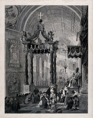 view People praying before the bronze statue of Saint Peter in St. Peter's Basilica, in the Vatican City. Wood engraving by H. Linton.