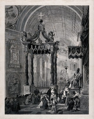 People praying before the bronze statue of Saint Peter in St. Peter's Basilica, in the Vatican City. Wood engraving by H. Linton.