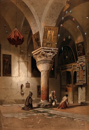 view Holy Land (Palestine): a monk and other people praying in a church. Colour lithograph by C. Werner, 1863.