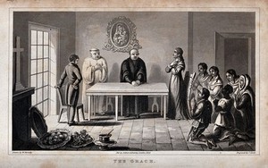 view Potosí, Peru (later Bolivia): Edmond Temple, a lady (Doña Juliana), her Andean servants and two clerics assembled for grace after dinner. Aquatint by J. Clark, 1829, after W. Hornsby.