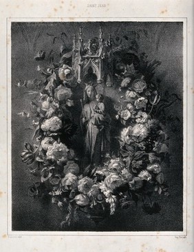 A sculpture of the Virgin with Child surrounded by a garland of roses. Engraving by Berlauts after Francais.