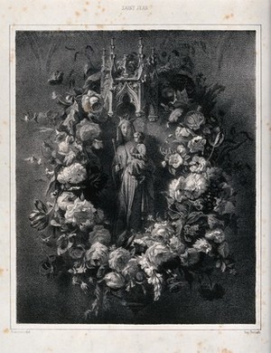 view A sculpture of the Virgin with Child surrounded by a garland of roses. Engraving by Berlauts after Francais.