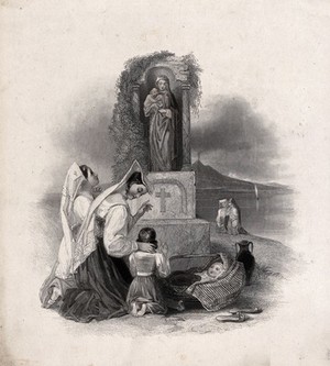 view Women with their children praying in front of a tabernacle, in the background is Vesuvius [?]. Engraving.