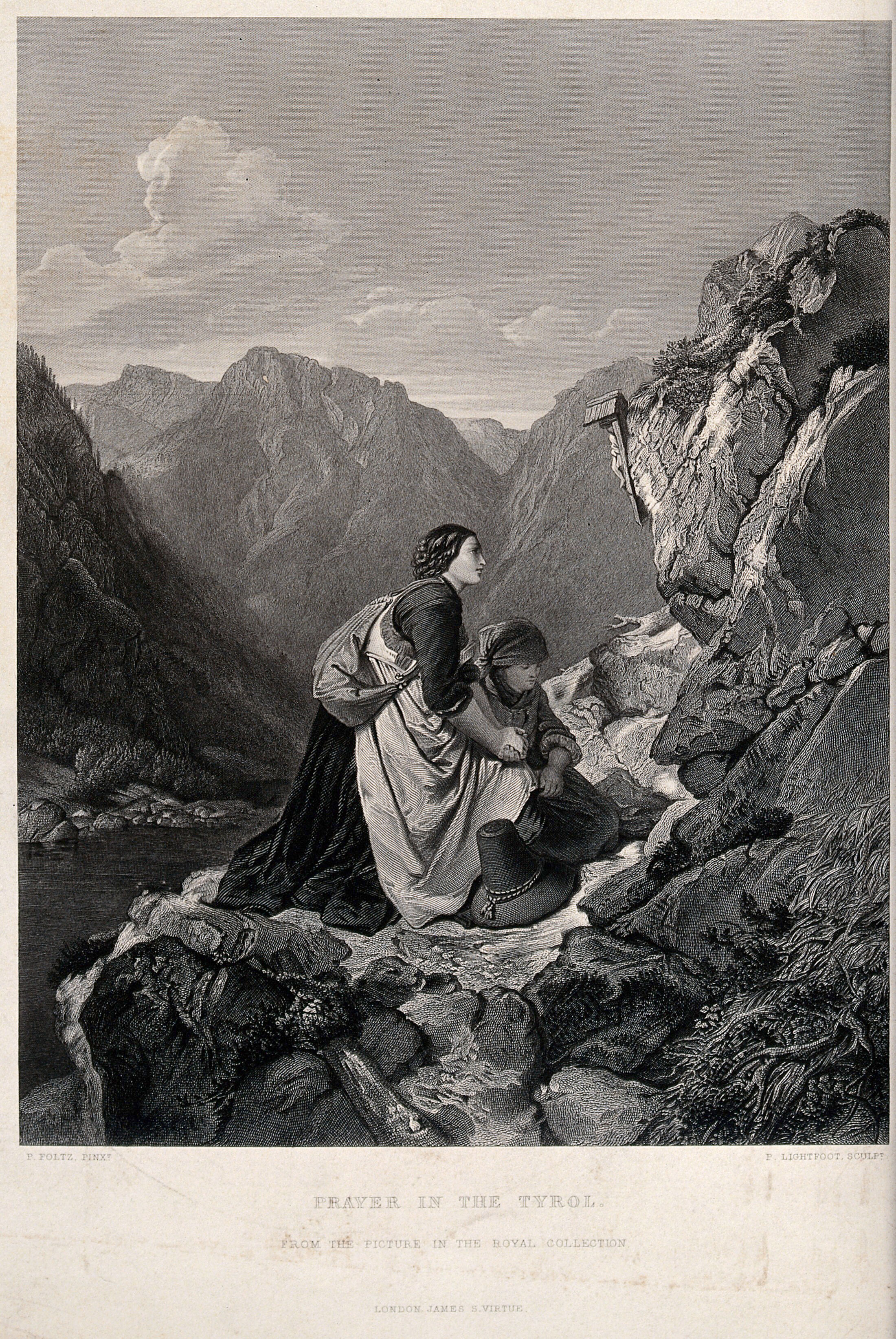 Two Women Praying Before A Crucifix In The Mountains Engraving By