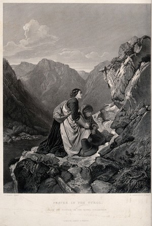 view Two women praying before a crucifix in the mountains. Engraving by P. Lightfoot after a painting by P. Foltz.