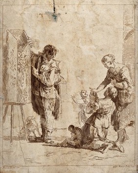 Women and children in adoration before a sculpture which is shown to them on the street. Etching after Marco Ricci.