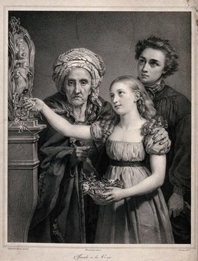 A girl, accompanied by an old woman and a boy offers flowers to an image of the Virgin. Lithograph by Grévedon after Dubois Drahonet.