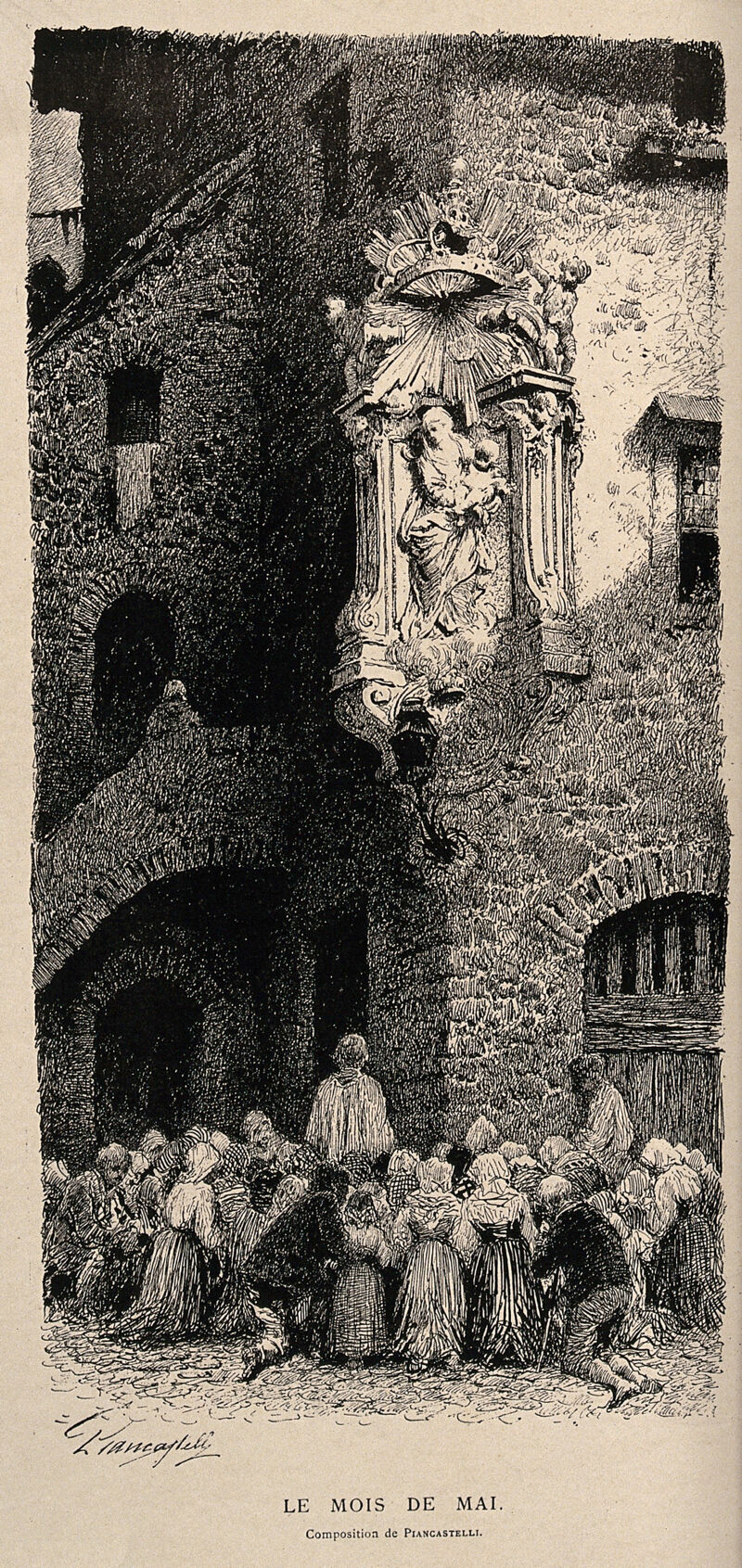 A crowd venerating a street tabernacle with a sculpture of the Virgin and Child. Wood engraving by Pincastelli., by Giovanni Piancastelli