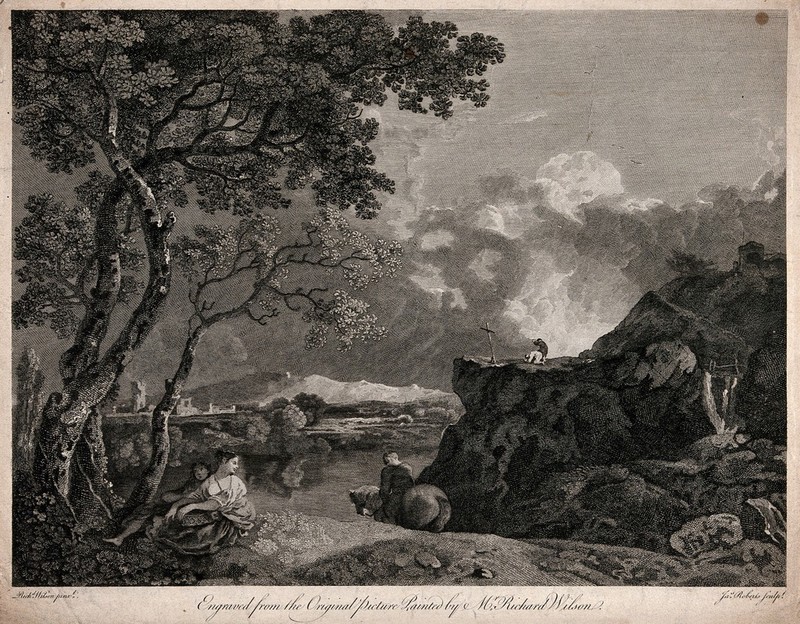 Wild countryside with a stormy sky; two men in prayer before a cross. Engraving by J. Roberts after R. Wilson., by Richard Wilson