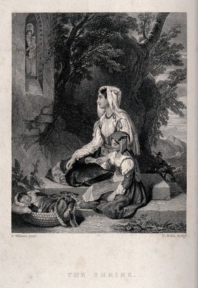 A young mother with her children in religious contemplation before a shrine of the Virgin and Child. Engraving by C. Rolls after P. Williams.