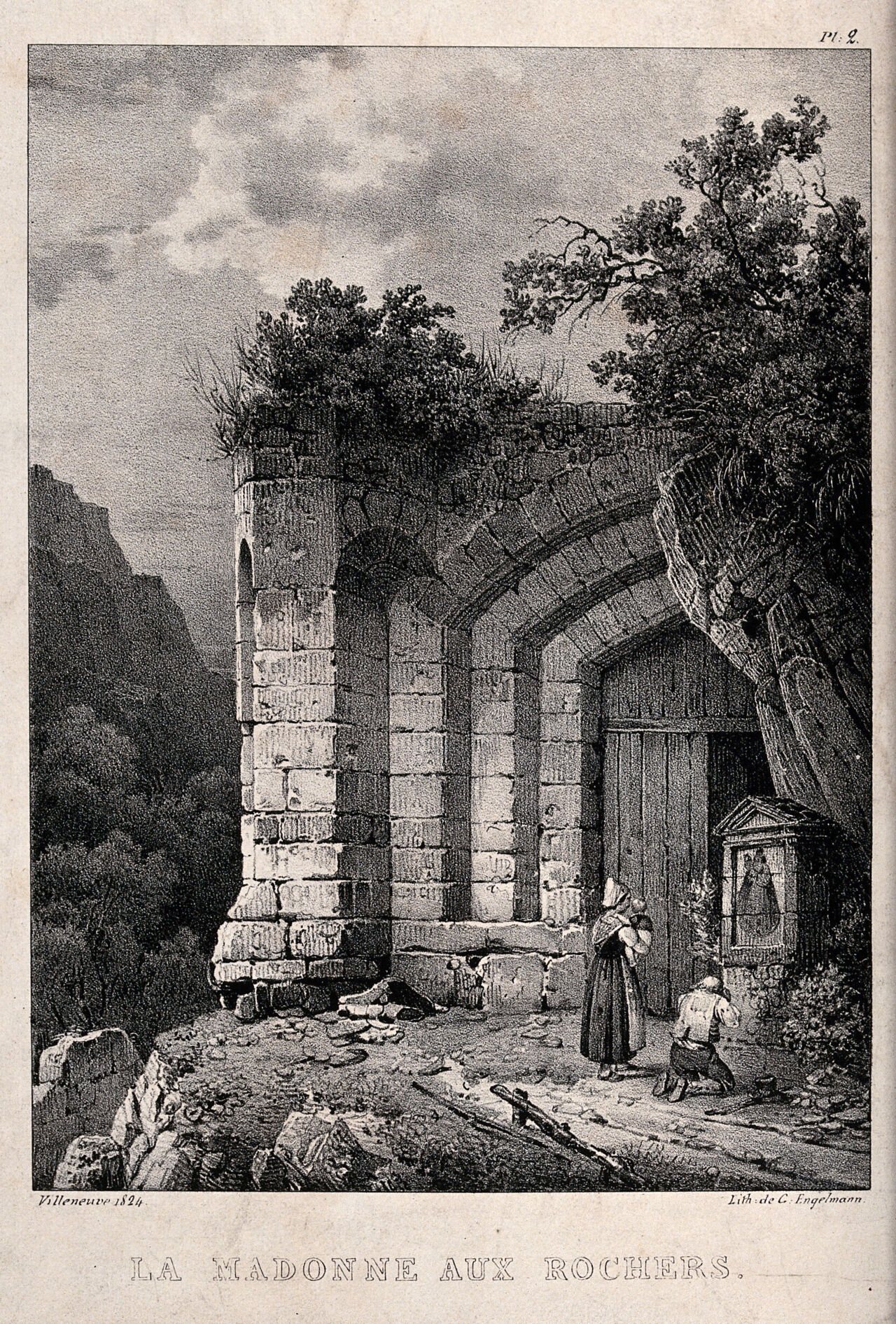 A family worshipping before an image of the Virgin with Child in the mountains. Lithograph by C. Engelmann after Villeneuve, 1824., 1824, by Villeneuve